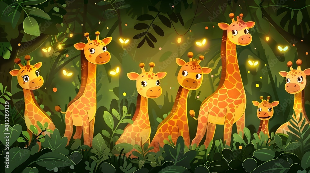custom made wallpaper toronto digitalEnchanting Jungle Giraffe Family Surrounded by Glowing Fireflies in Whimsical Nighttime Setting