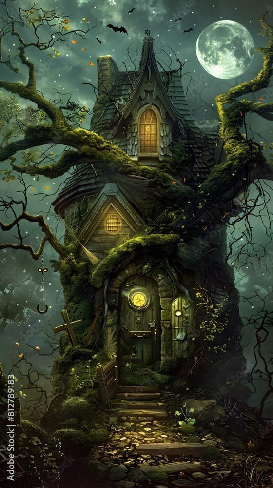 Obraz premium Enchanting Moonlit Fairytale Cottage Nestled in Mysterious Enchanted Forest Landscape