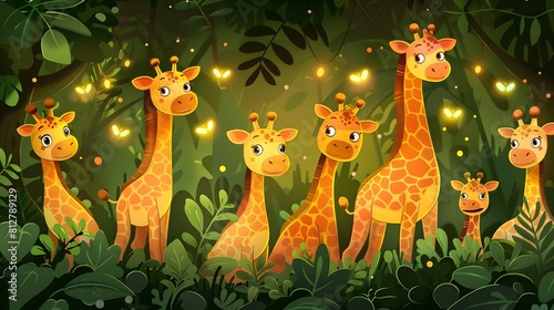 Wallpaper Mural Enchanting Jungle Giraffe Family Surrounded by Glowing Fireflies in Whimsical Nighttime Setting Torontodigital.ca
