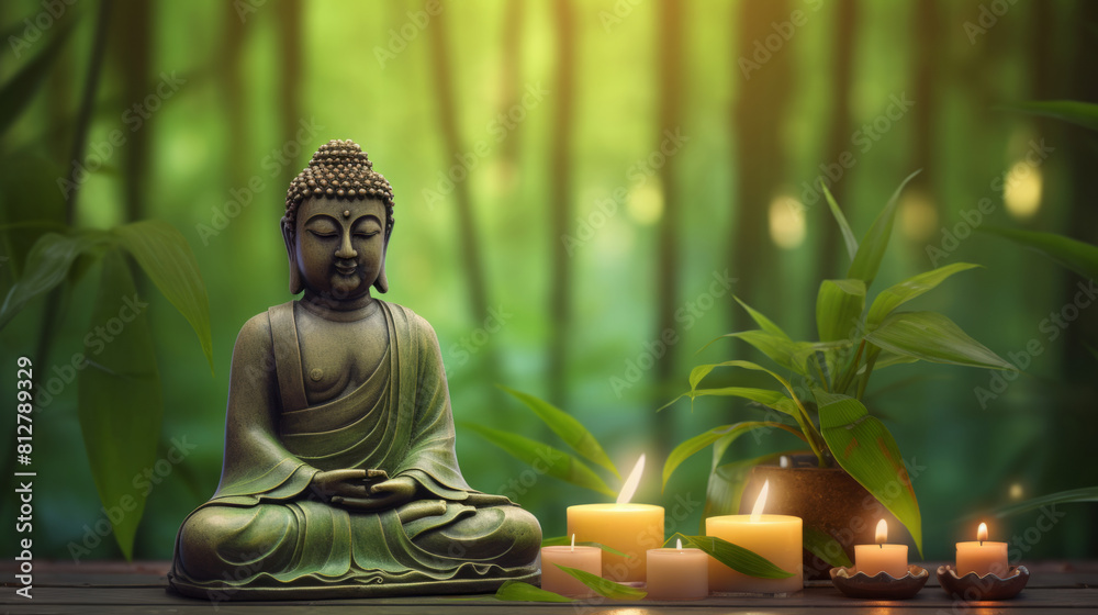 Photo Art Print Buddha Statue With Candles In Natural Background Tranh