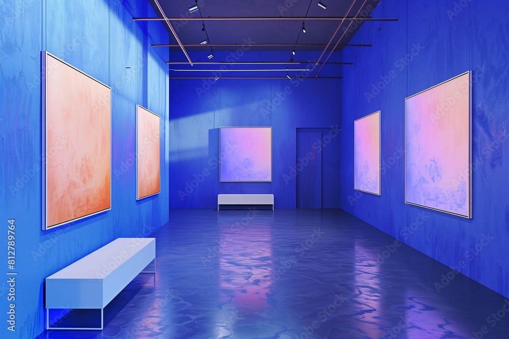 Innovative Art Gallery with Cobalt Blue Walls and Ideal Spaces on Canvas Frames for Mockups, Innovative Art Gallery with Cobalt Blue Walls and Ideal Spaces on Canvas Frames for Mockups,