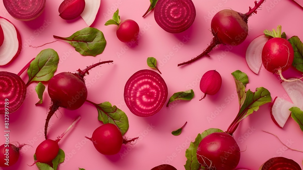 Creative layout made of beetroot and radish Flat lay Food concept : Generative AI Creative layout made of beetroot and radish Flat lay Food concept : Generative AI