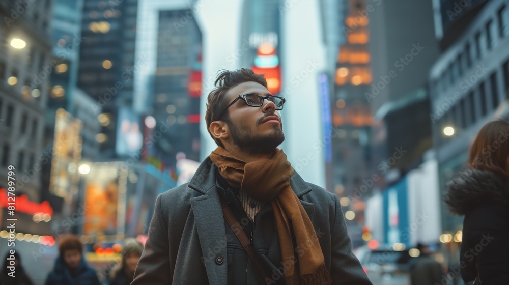 Young entrepreneur with beard and glasses, looking upwards amidst towering skyscrapers, feeling inspired and ambitious in cityscape. Young entrepreneur with beard and glasses, looking upwards amidst towering skyscrapers, feeling inspired and ambitious in cityscape.