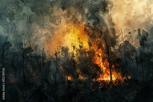 Illustration of painting showing a fire, high quality, high resolution