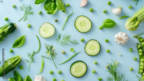 Creative layout made of green peas dill garlic basil zucchini cucumber and green onion on the light blue background Flat lay Food concept Macro  concept : Generative AI photo