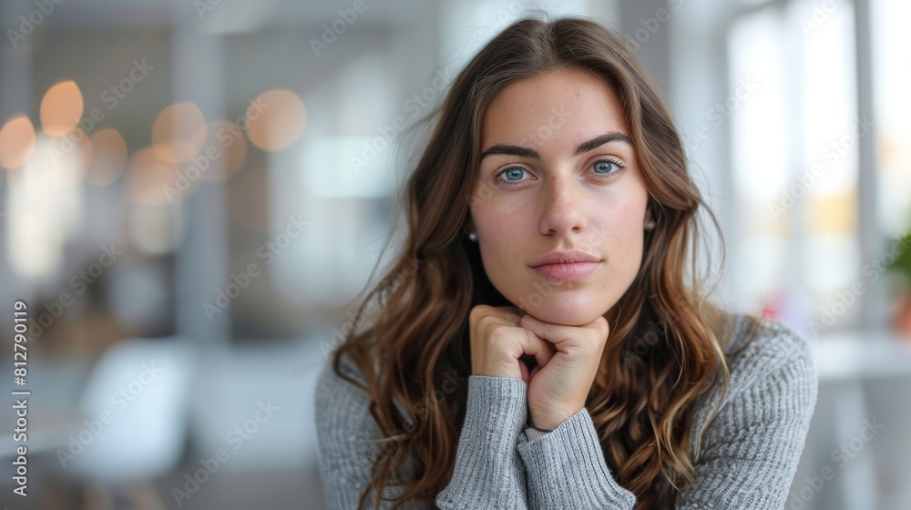 Pensive young woman in a white shirt, contemplating deeply with a focused expression in a modern office environment. Pensive young woman in a white shirt, contemplating deeply with a focused expression in a modern office environment.