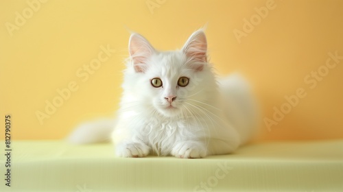 Luxurious Scene of a White Cat Captured on a Pastel Yellow Background, Exuding Calmness and Purity in a High-Resolution Format