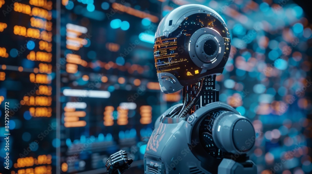 Fototapeta premium Futuristic AI head profile with digital circuit patterns glowing in neon blue, visualizing advanced technology and intelligence.
