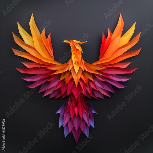A beautiful origami-like phoenix made of vibrant purples, blues, and oranges.