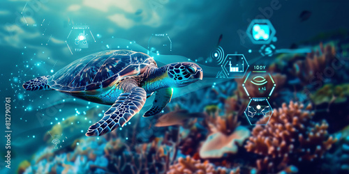 Oceanic Harmony: Hawaiian Green Sea Turtle Amid Coral Reefs, Representing Future Sea Technology, Activating Icons for Innovation, Sustainability, and Positivity on Virtual Screen, Generative AI"