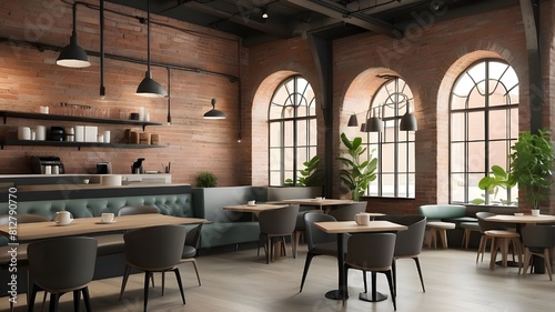  A modern coffee shop interior with sleek furniture and exposed brick walls  where customers relax with laptops and frothy lattes