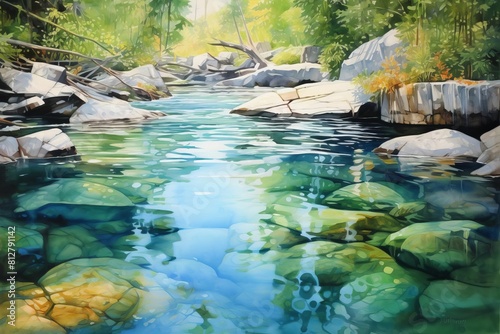 Capture a serene side view of crystal-clear water flowing gracefully over smooth rocks  reflecting the surrounding lush greenery in vivid watercolors with intricate details