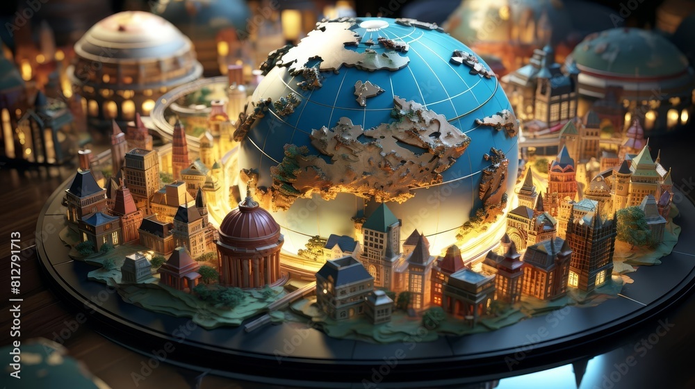 Craft a close-up scene of puzzle pieces interlocking to form a stunning, realistic globe Showcase intricate details in a vivid, photorealistic digital rendering