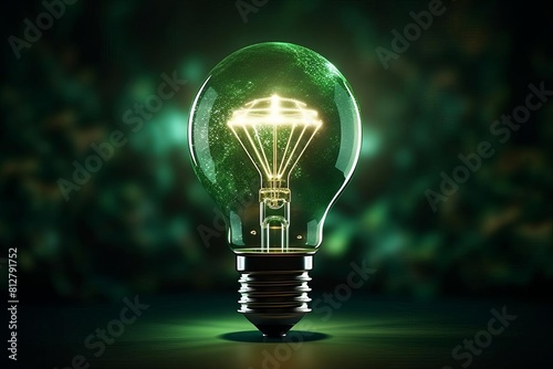 Craft a digital high-angle perspective of a glowing Light Bulb integrated with a dynamic, pulsating Green Energy Icon, radiating a futuristic aura with pulsing light effects