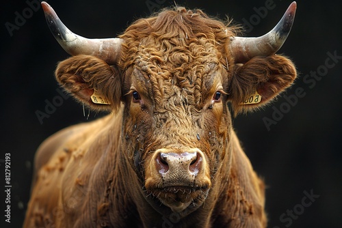 Portrait of a brown cow with big horns on a dark background
