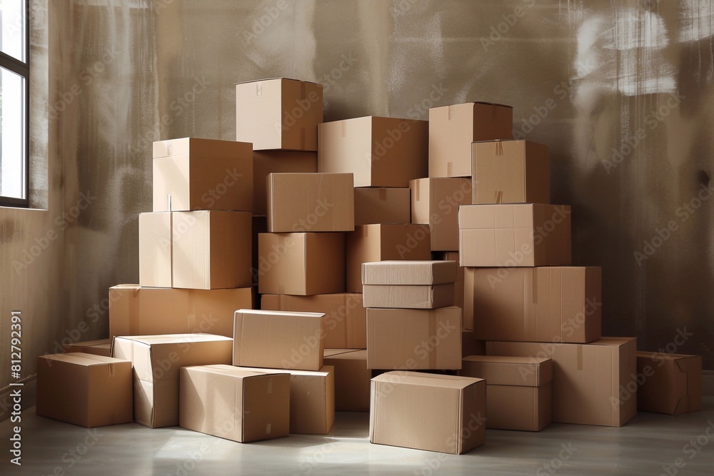 Unpacking New Beginnings: Explore the Scene of Brown Cardboard Boxes Nestled Against the Wall in the Living Room of a Freshly Acquired Home, Symbolizing the Excitement and Anticipation of Settling int Unpacking New Beginnings: Explore the Scene of Brown Cardboard Boxes Nestled Against the Wall in the Living Room of a Freshly Acquired Home, Symbolizing the Excitement and Anticipation of Settling int