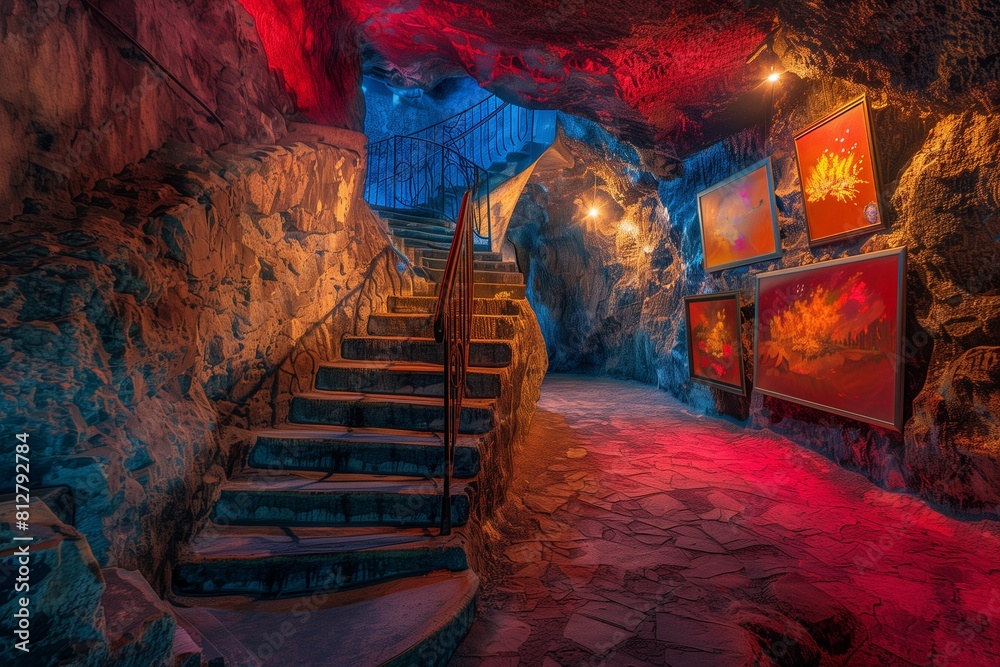 Stalactite-Covered Stairs in Cave with Peach Art Gallery, Lit by Subtle Artificial Lighting