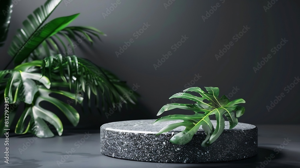 Black background with stone granite podium and tropical leaf Product pedestal display mockup Natural aesthetic luxury interior room : Generative AI Black background with stone granite podium and tropical leaf Product pedestal display mockup Natural aesthetic luxury interior room : Generative AI