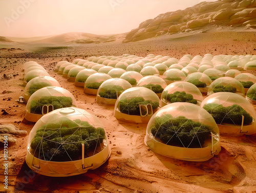 Paysage futuriste avec serres modulaires de production de légumes photo
