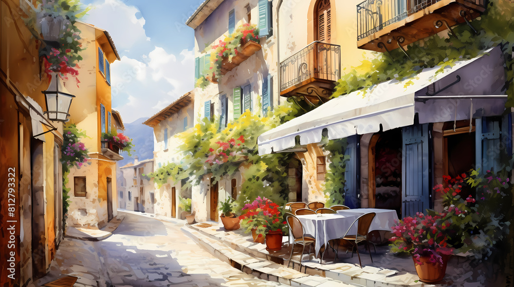 watercolor picturesque street with terraced cafés abstract decorative painting