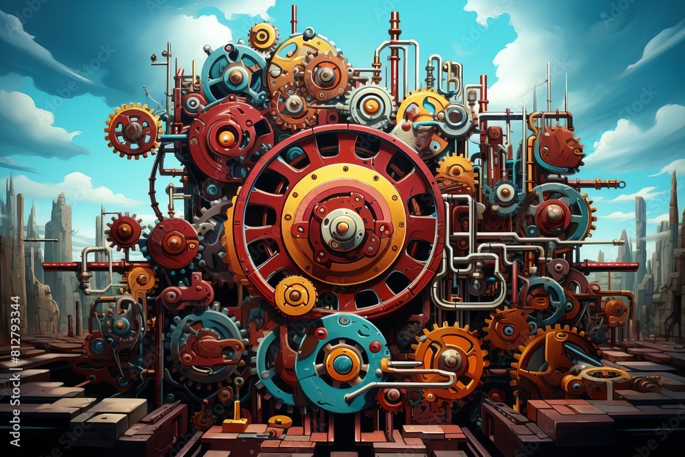 Inject a burst of creativity into the traditional concept of gears and cogs by depicting them in a whimsical
