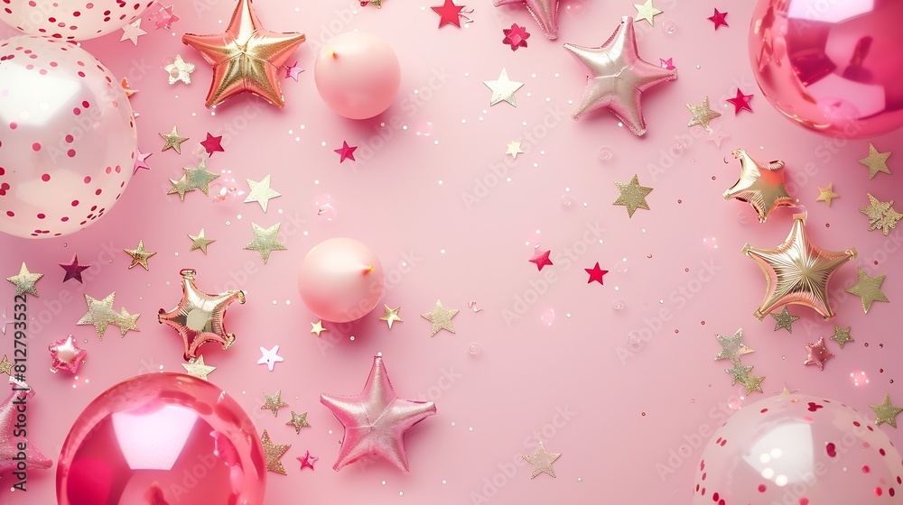 Festive pink background Shining stars and balloons on light pink pastel background Christmas Wedding Birthday Happy womans day Mothers Day Valentines Day Flat lay top view copy space : Generative AI Festive pink background Shining stars and balloons on light pink pastel background Christmas Wedding Birthday Happy womans day Mothers Day Valentines Day Flat lay top view copy space : Generative AI