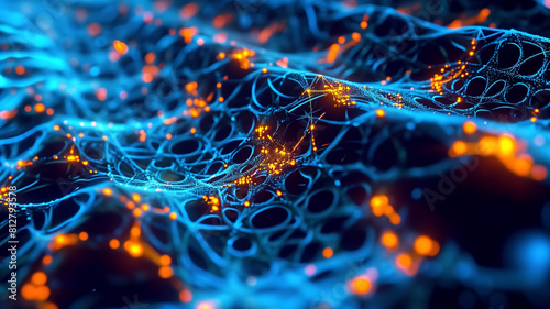 A complex visual representation of neural networks with interconnected nodes and pathways highlighted in blue and orange. 