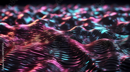 Background of abstract sleek wavy high-tech surface, containing shimmering neon folds- Generative Ai