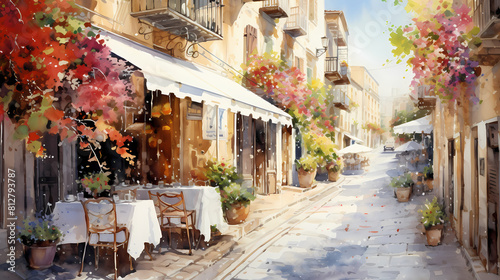watercolor picturesque street with terraced cafés abstract decorative painting photo