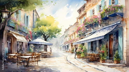 watercolor picturesque street with terraced cafés abstract decorative painting © Wu