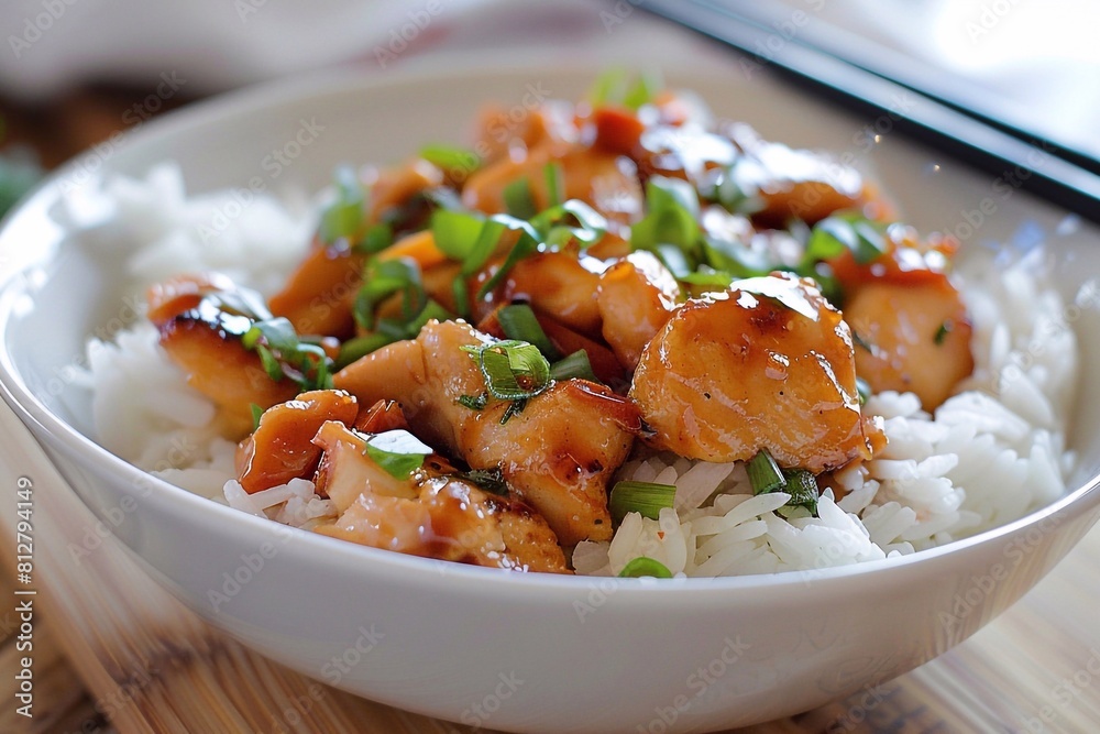 A delicious dish with honey chicken and rice. A perfectly balanced combination of sweet and savory, created to satisfy your taste buds A delicious dish with honey chicken and rice. A perfectly balanced combination of sweet and savory, created to satisfy your taste buds