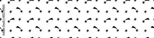 Seamless pattern of black stars, comets in flat style. Simple background and texture on theme of night sky, space, astronomy, kids design
