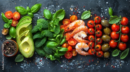 It shows beautiful greens  cherry tomatoes  avocado slices  olives  and shrimp on the left side of the image  divided in half.