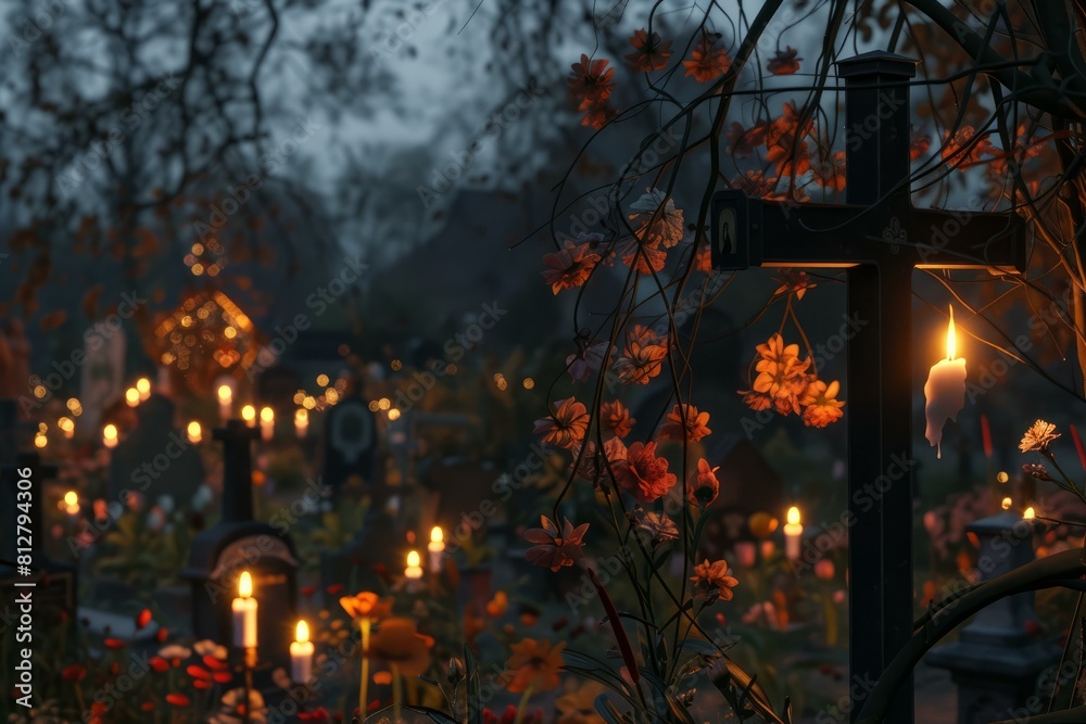 Twilight falls over a serene candlelit cemetery with tombstones and floral markers, creating a peaceful and warm atmosphere for remembrance and reflection in the evening