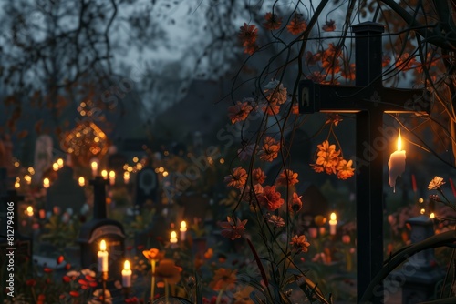 Twilight falls over a serene candlelit cemetery with tombstones and floral markers  creating a peaceful and warm atmosphere for remembrance and reflection in the evening