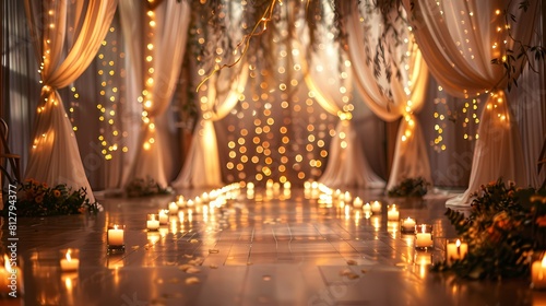 A magical wedding venue adorned with candles and delicate drapery, set against a serene, isolated background