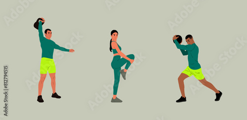 People in sportswear in the gym. Man, and woman in fitness apparel, holding dumbbells. Flat hand-drawn vector illustrations isolated on a white background