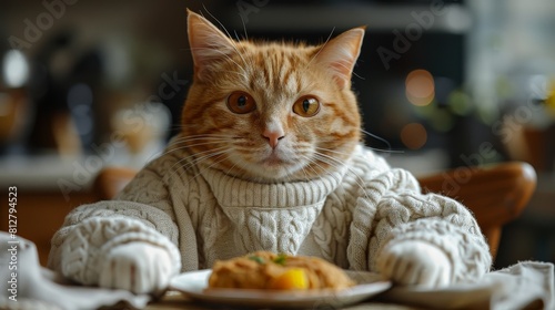Orange cat wearing white t-shirt at table, anthropomorphic expression, food on plate in front of him.