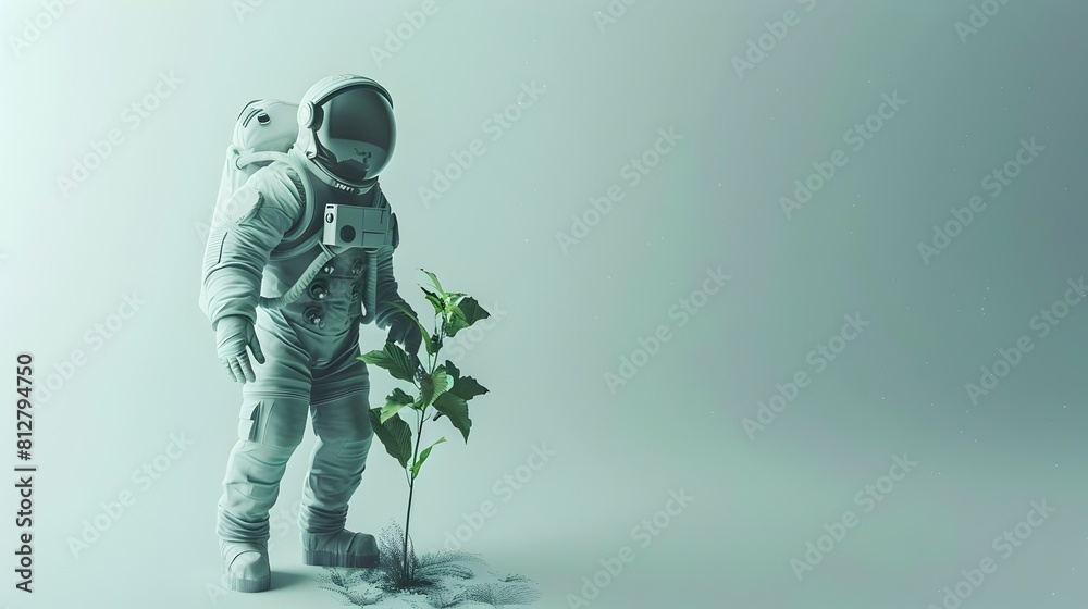 Astronaut Tending to Alien Plant on Distant Planetary Mission