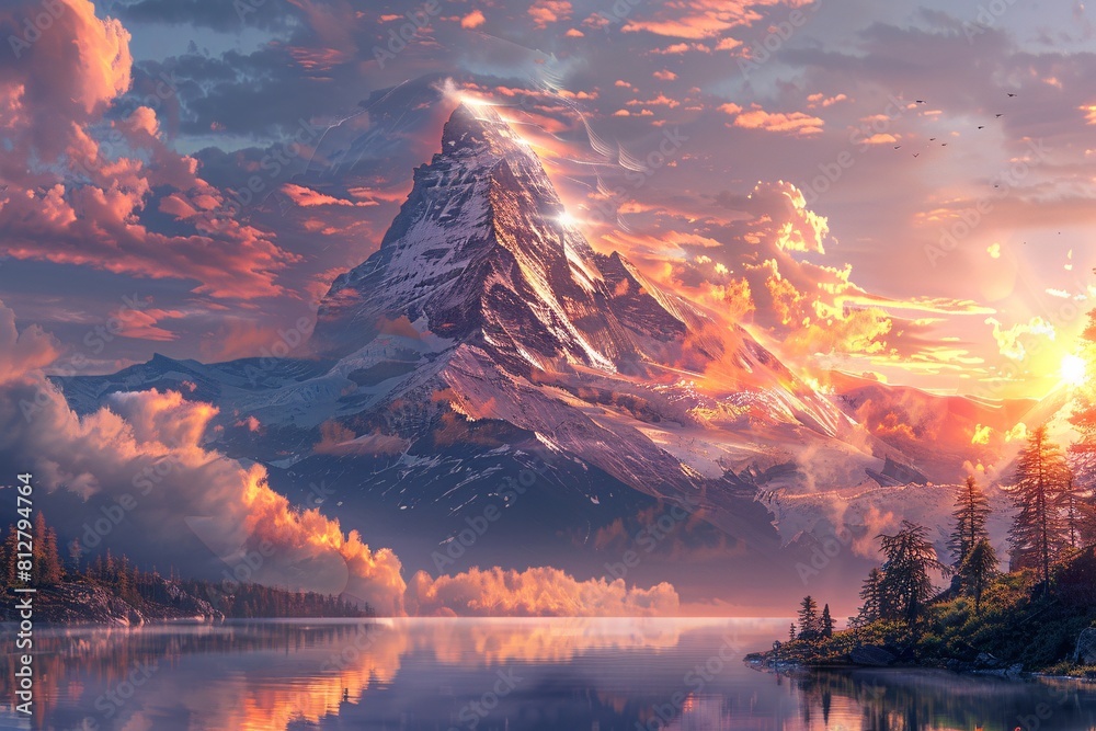 Epic Sunrise with Majestic Mountain Range and Calm Lake