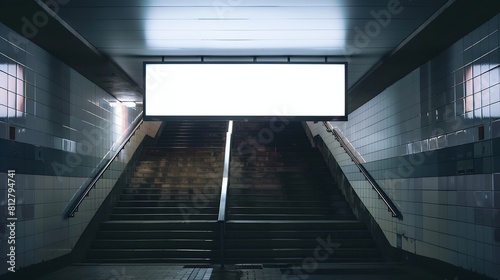 Horizontal mock up of blank advertising billboard poster template next to a flight of stairs outofhome OOH media display space mockup in pedestrian underpass digital display in train s : Generative AI photo