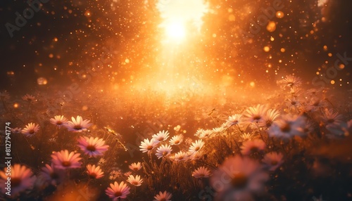 An image of Daisy flowers field during a golden hour