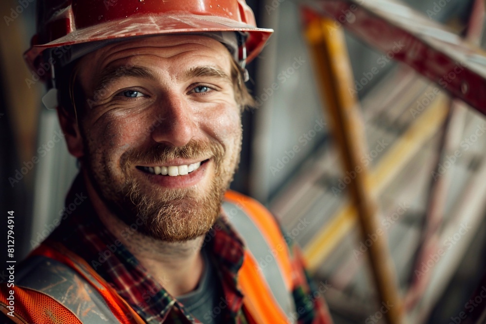 An authentic smile lights up the face of a construction worker in a striking portrait, reflecting the pride and satisfaction that come from skilled craftsmanship and hard work. In this image, the joy An authentic smile lights up the face of a construction worker in a striking portrait, reflecting the pride and satisfaction that come from skilled craftsmanship and hard work. In this image, the joy