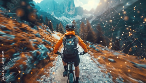 Point of view shot of a cyclist using wearable technology to navigate a mountain trail, side view, Navigating the trail, digital tone, Analogous Color Scheme