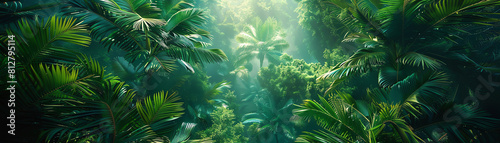 Low angle shot of a dense jungle with towering flora  top view  Jungle giants  digital binary as object  Vivid