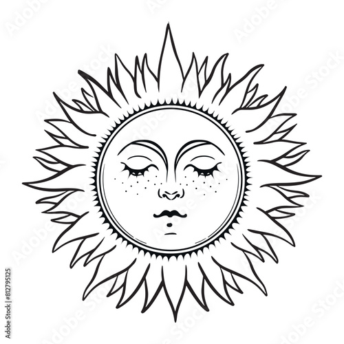 Vintage tarot sun with face with closed eyes and rays, celestial astrology logo, boho tattoo for zodiac. Magic hand drawn vector illustration isolated on white background. © Tanya