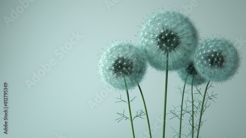 A simple white background surrounds a spiky  green plant with slender stems and tiny black dots on its leaves  resembling fireworks or dandelions.