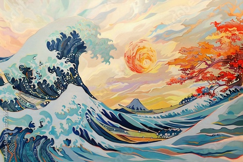 The great wave and the sun are shown on an abstract painting