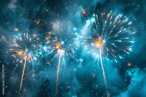 Fireworks and sparklers on a blue background  high quality  high resolution