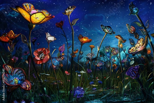 Painting of a glass flower field at night, high quality, high resolution